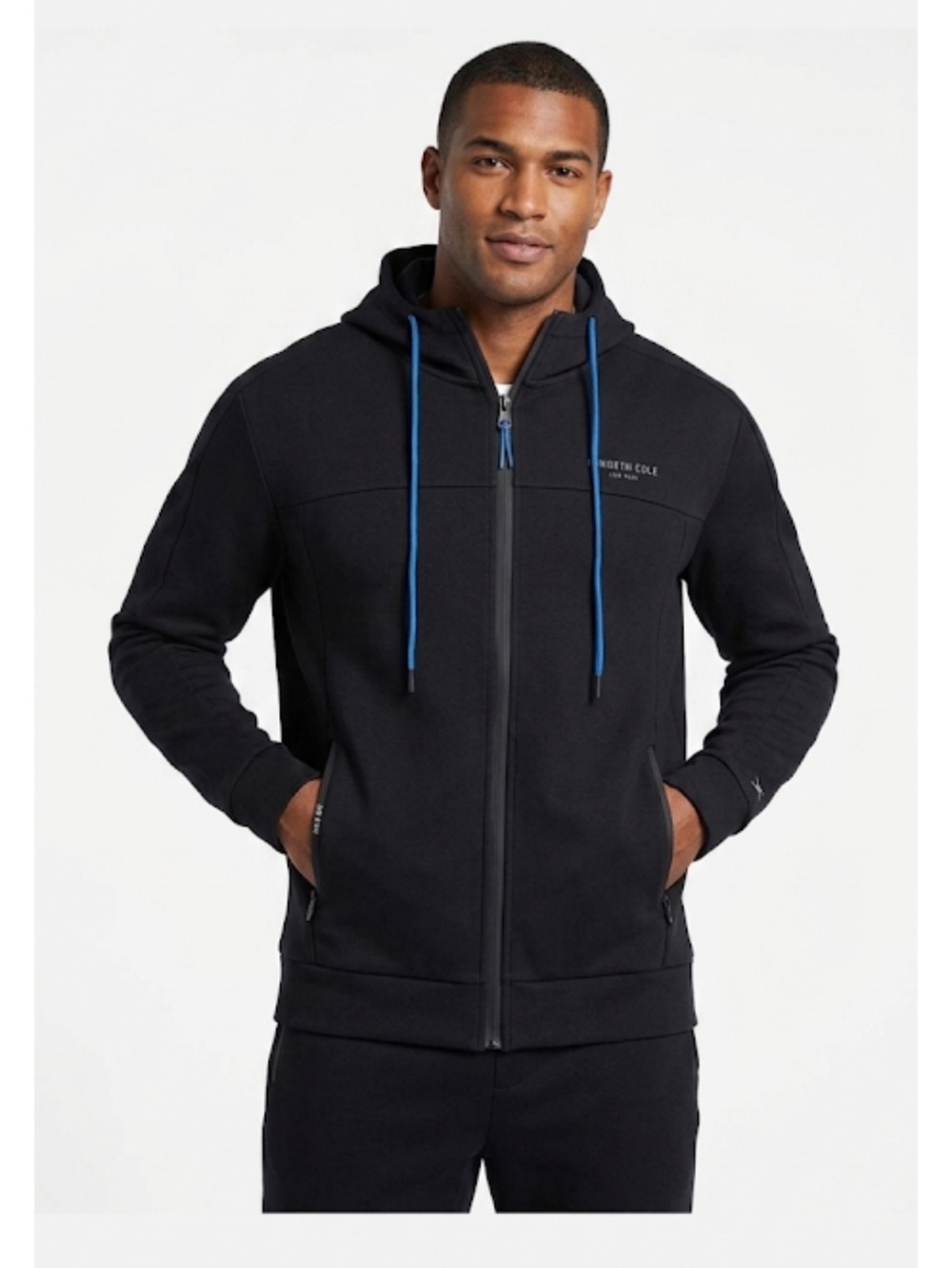 Kenneth Cole NY Active Wear Black Hoodie with Blue Drawstrings And Pockets